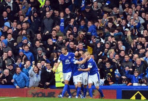 Everton's players celebrate with Steven Naismith (R) after he scored