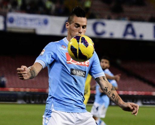 Napoli&#039;s Marek Hamsik controls the ball during their match against Chievo. Napoli won 1-0.