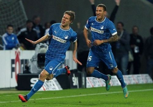 Hoffenheim's Sven Schipplock (L) Fabian Johnson celebrate after Schipplock scored