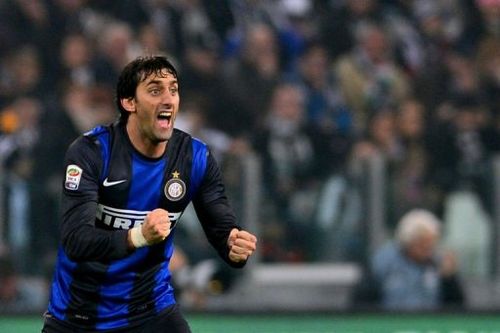 Inter Milan's forward Diego Milito celebrates after scoring a penalty