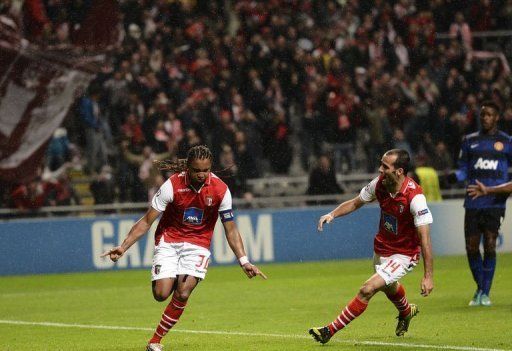 Braga&#039;s Alan Silva (L) celebrates after scoring