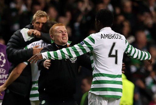Celtic manager Neil Lennon celebrates at the final whistle
