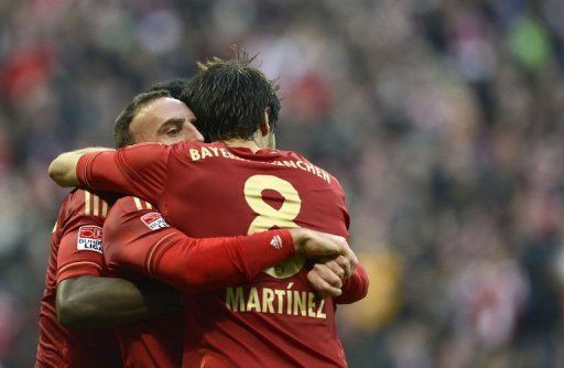 Bayern players celebrate a goal during the German first division match against Eintracht Frankfurt