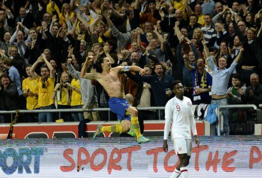 Sweden&#039;s Zlatan Ibrahimovic celebrates after scoring his 4th goal