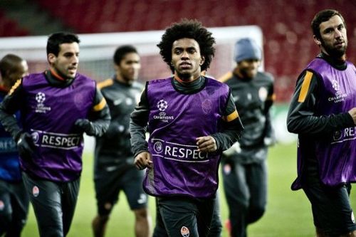 Shaktar Donetsk players train at Parken Stadium in Copenhagen