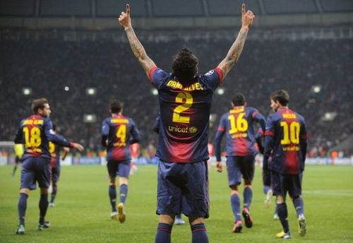 Barcelona's Daniel Alves celebrates scoring against Spartak