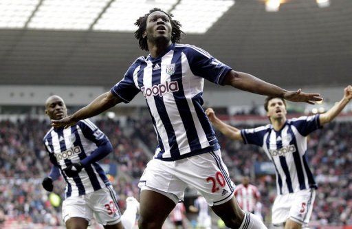 West Bromwich Albion&#039;s Belgian striker Romelu Lukaku (C) celebrates scoring their third goal against Sunderland