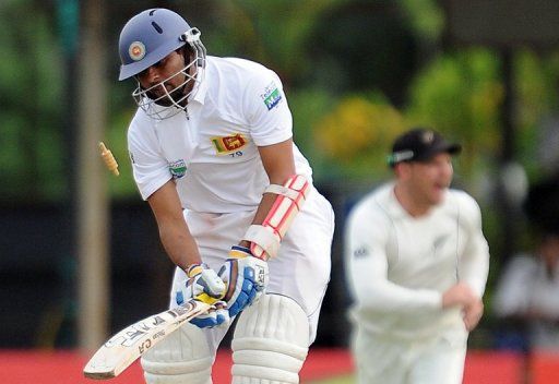 Sri Lankan batsman Tillakaratne Dilshan gets dismissed by Tim Southee