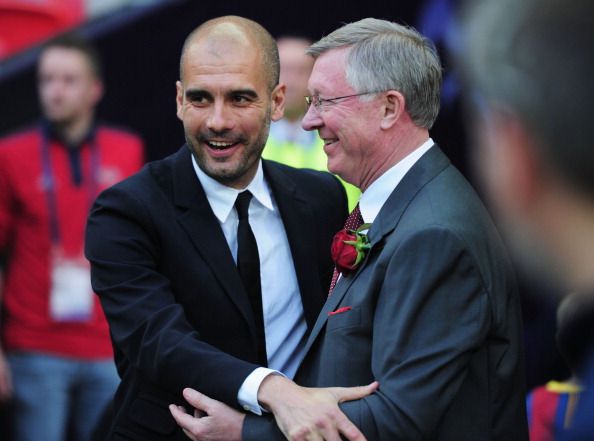 LONDON, ENGLAND - MAY 28:  Guardiola \ greets Sir Alex Ferguson of Manchester United ahead of the UEFA Champions League final at Wembley Stadium. Ferguson&#039;s admiration of the Spaniard is no secret.  