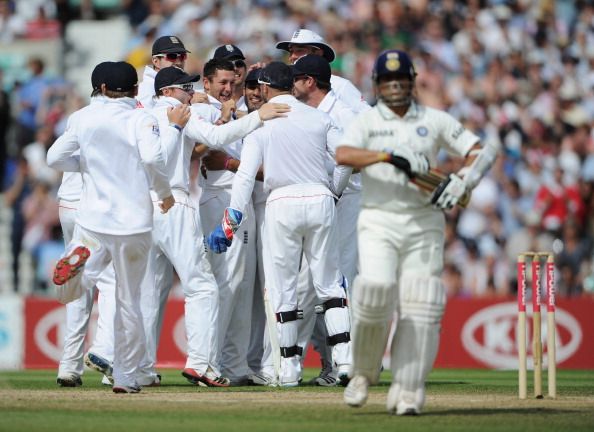 FILE PHOTO: LONDON, ENGLANFILE PHOTO: LONDON, ENGLAND - AUGUST 22: Tim Bresnan of England celebrates the wicket of Sachin Tendulkar of India with team mates during day five of the 4th npower Test Match between England and India at The Kia Oval on August 22, 2011 in London, England. D - AUGUST 22: Tim Bresnan of England celebrates the wicket of Sachin Tendulkar of India with team mates during day five of the 4th npower Test Match between England and India at The Kia Oval on August 22, 2011 in London, England. 