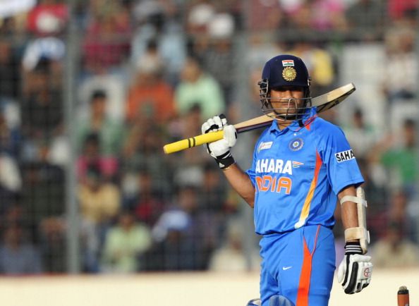 Indian batsman Sachin Tendulkar looks on