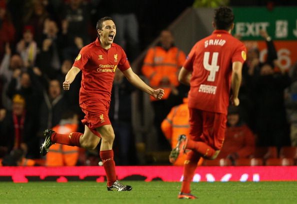 LIVERPOOL, ENGLAND - OCTOBER 25:  Stewart Downing of Liverpool celebrates scoring the opening goal during the UEFA Europa League Group A match between Liverpool FC and FC Anzhi Makhachkala at Anfield on October 25, 2012 in Liverpool, England. 