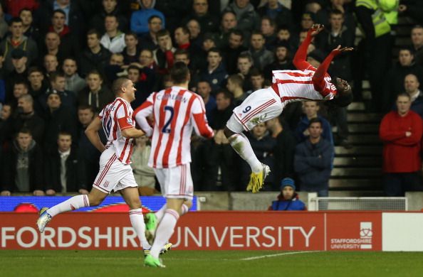 STOKE ON TRENT, ENGLAND - DECEMBER 26:  Kenwyne Jones of Stoke City celebrates scoring his team&#039;s second goal during the Barclays Premier League match between Stoke City and Liverpool at the Britannia Stadium on December 26, 2012, in Stoke-on-Trent, England. 