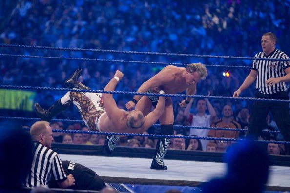 HOUSTON, TX - APRIL 5:  (L-R) Former professional wrestler Ricky &quot;The Dragon&quot; Steamboat gets thrown to the mat by WWE Superstar Chris Jericho during WrestleMania 25 at Reliant Stadium on April 5, 2009 in Houston, Texas.  
