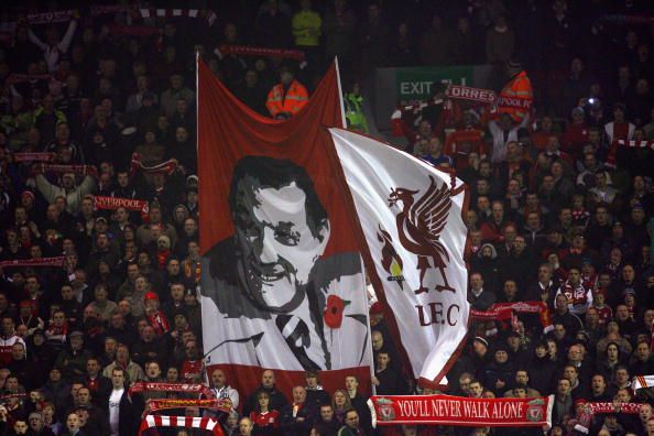 LIVERPOOL, ENGLAND - NOVEMBER 09:  Liverpool fans show off a Bob Paisley banner prior to the Barclays Premier League match between Liverpool and Birmingham City at Anfield on November 9, 2009 in Liverpool, England.  