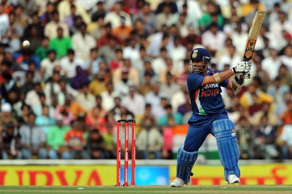 Indian cricketer Sachin Tendulkar plays