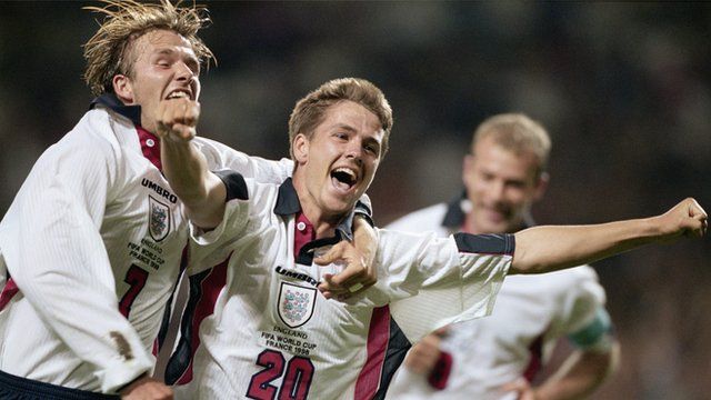Owen celebrates after scoring against Argentina in 1998