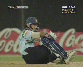 Saurav Ganguly sits up after almost being knocked-out-cold by his team-mate