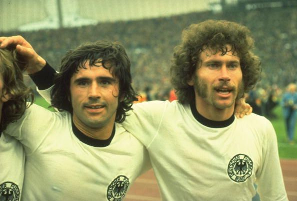 7 July 1974:  Gerd Muller (left) and Breitner (right) of West Germany celebrate after they win the World Cup Final against Holland 
