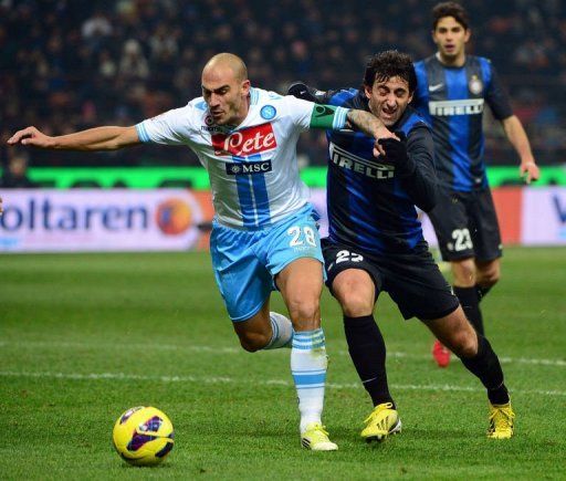 Inter Milan&#039;s Diego Milito (R) fights for the ball with Napoli&#039;s Paolo Cannavaro