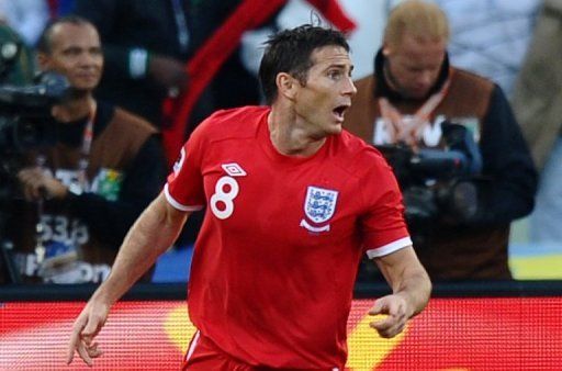 Frank Lampard reacts after his effort on goal is missed by officials at the World Cup against Germany on June 27, 2010