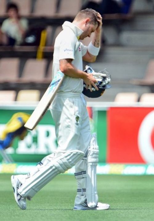 Australia's batsman Michael Clarke reacts after been dismissed by Sri Lanka, in Hobart, on December 15, 2012