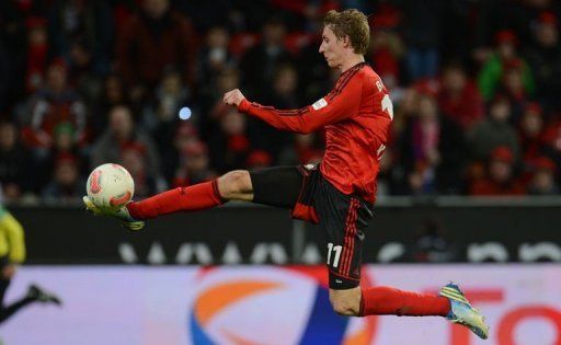 Leverkusen&#039;s striker Stefan Kiessling scores on December 15, 2012