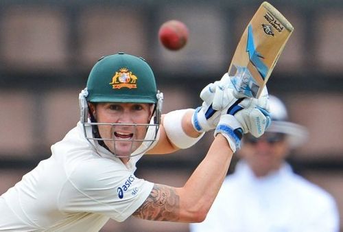 Australian skipper Michael Clarke plays a shot off the Sri Lankan bowling on December 14, 2012