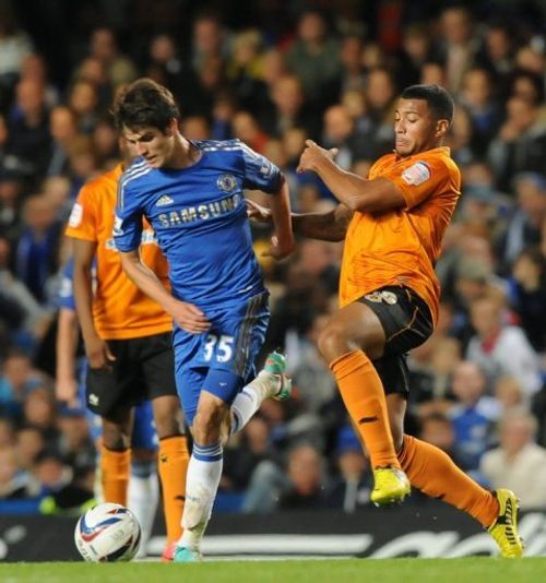 Lucas Piazon (L) in action for Chelsea against Wolves in the third round of the League Cup on September 25, 2012