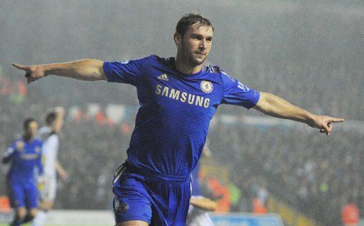 Branislav Ivanovic celebrates after scoring Chelsea&#039;s second goal against Leeds at Elland Road on December 19, 2012