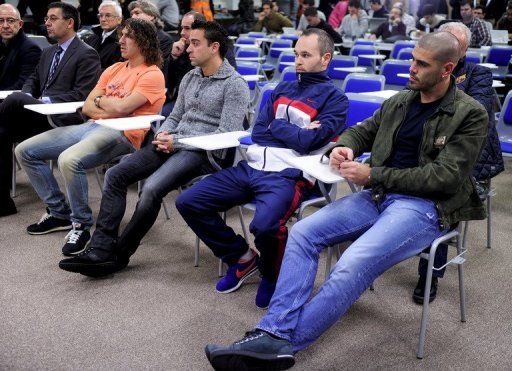 Barcelona&#039;s players, pictured during a press conference in St Joan Despi, near Barcelona, on December 19, 2012