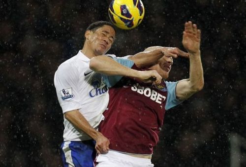 Everton's Steven Pienaar (L) jumps for the ball with West Ham United's James Collins in London on December 22, 2012