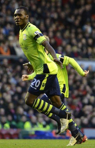 Aston Villa forward Christian Benteke celebrates after scoring during a Premier League match on December 15, 2012