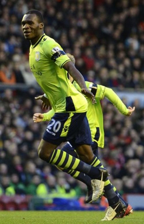 Aston Villa forward Christian Benteke celebrates after scoring during a Premier League match on December 15, 2012