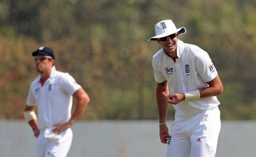 England player Kevin Pietersen (right) at The Sardar Patel Stadium's near Ahmedabad, India, on November 9, 2012