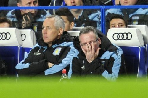 Aston Villa's manager Paul Lambert (R) reacts during match against Chelsea in London, on December 23, 2012