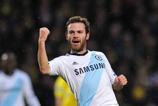 Chelsea&#039;s Juan Mata celebrates scoring the opening goal in Norwich on December 26, 2012