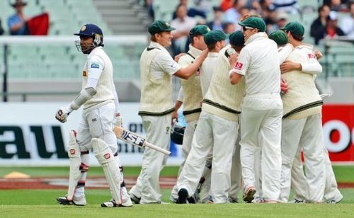 Sri Lanka's batsman Mahela Jayawardene walks off after been dismissed by Australia, in Melbourne, on December 28, 2012