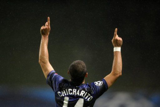 Javier Hernandez celebrates after scoring during the UEFA Champions League in Braga on November 7, 2012