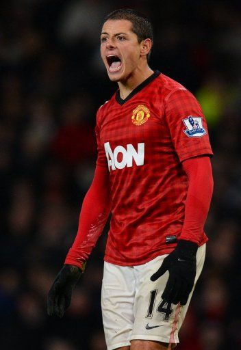 Manchester United&#039;s Javier Hernandez reacts at Old Trafford on December 26, 2012