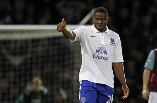 Everton's Victor Anichebe celebrates scoring a goal against West Ham United, on December 22, 2012