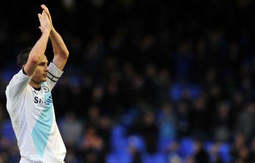 Frank Lampard celebrates after the league match between Everton and Chelsea at Goodison Park on December 30, 2012