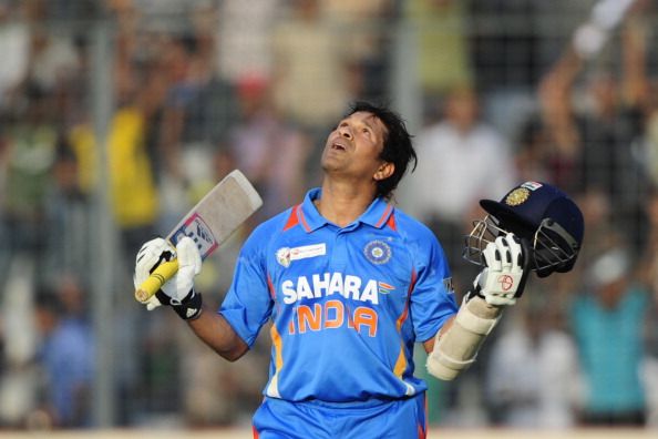 Indian batsman Sachin Tendulkar reacts a
