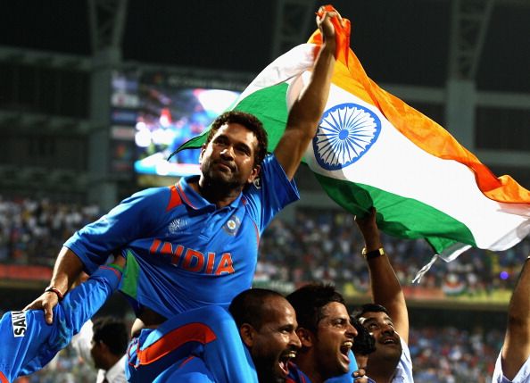 MUMBAI, INDIA - APRIL 02:  Sachin Tendulkar of India celebrates his teams win during the 2011 ICC World Cup Final between India and Sri Lanka at the Wankhede Stadium on April 2, 2011 in Mumbai, India.  