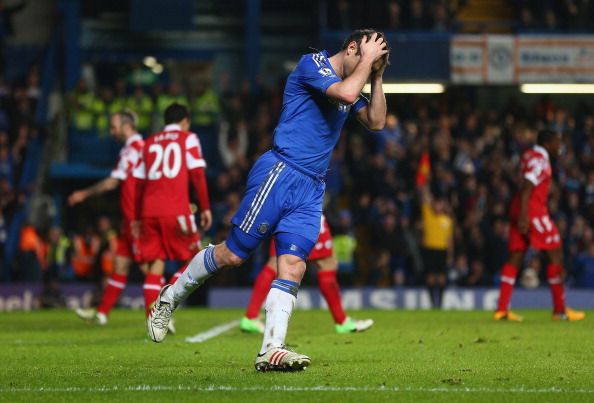 Frank Lampard of Chelsea reacts after his goal is disallowed for offside during the Barclays Premier League match between Chelsea and Queens Park Rangers