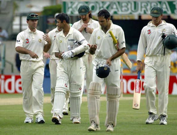 India&#039;s batsmen Laxman (2nd-R) and Rahul