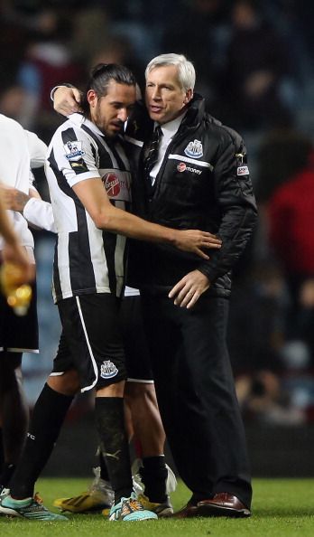 Newcastle United manager Alan Pardew celebrates after the Barclays Premier League match between Aston Villa and Newcastle United