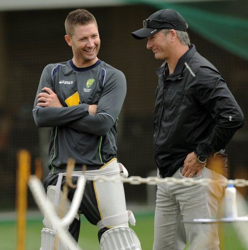 Australian captain Michael Clarke (L) chats with former skipper Steve Waugh at training on January 2, 2013 in Sydney