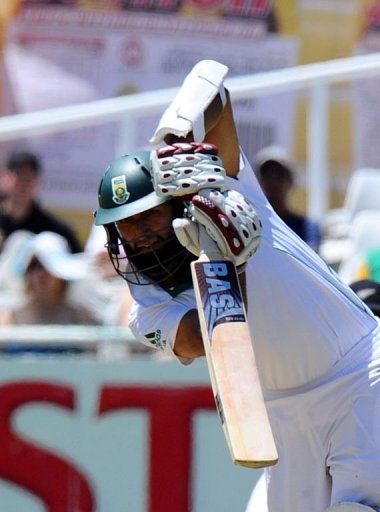 South Africa batsman Hashim Amla plays a shot in Cape Town at Newlands on January 2, 2013