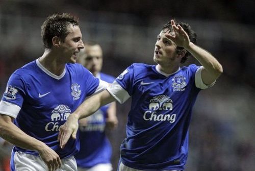 Everton's Leighton Baines (R) celebrates scoring at St James' Park in Newcastle on January 2, 2013